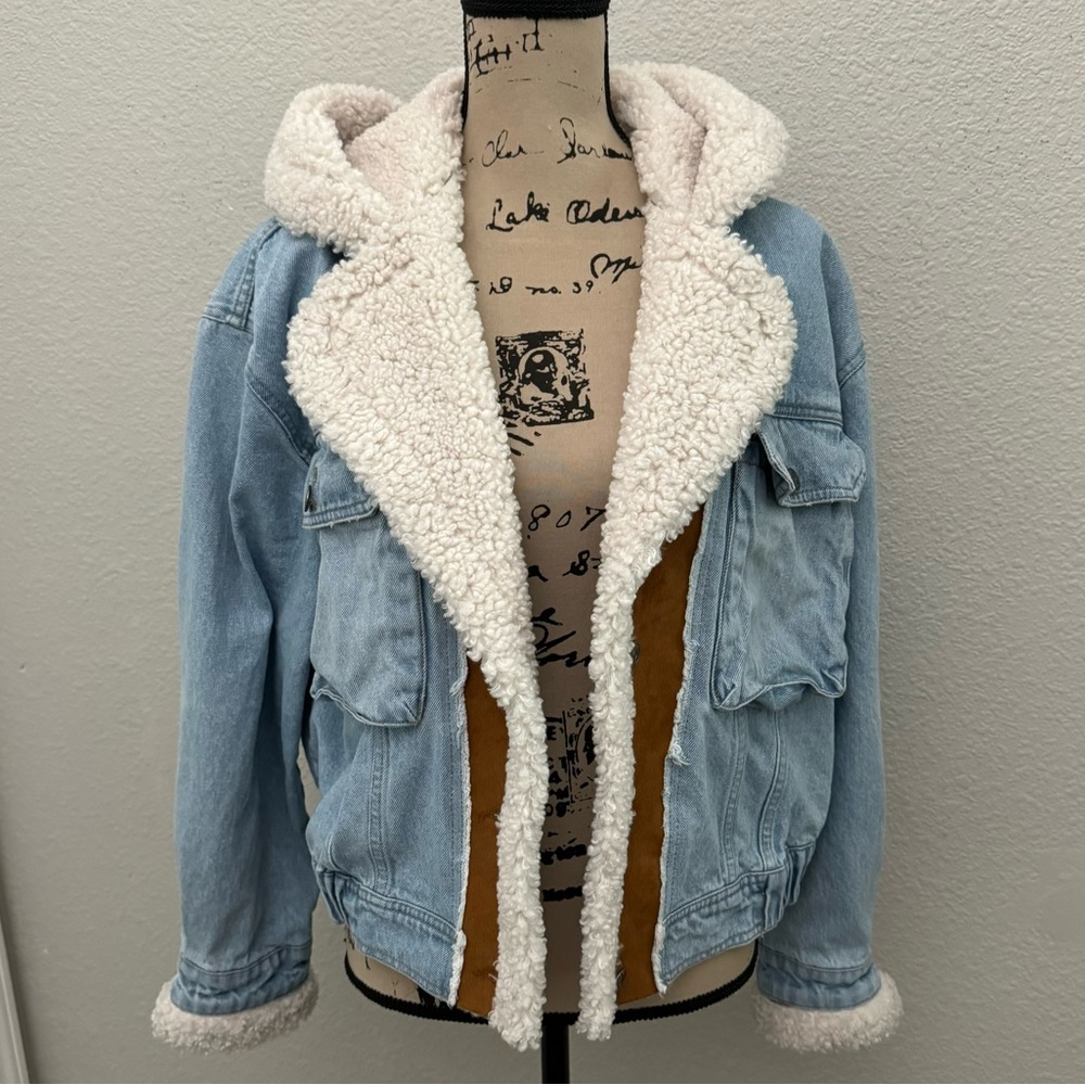 Free People Perry Hooded Sherpa Denim Jean Jacket Size Medium